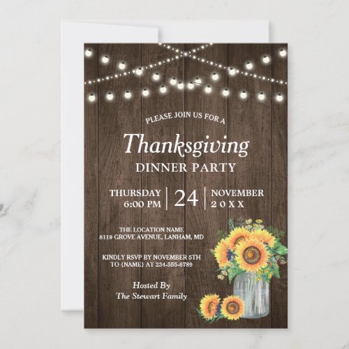 Rustic Sunflower String Lights Thanksgiving Dinner Card