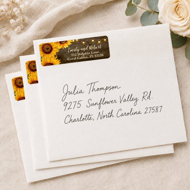 Rustic Sunflower String Lights Wedding Address Label (Rustic Sunflower Wedding Envelope return address label)