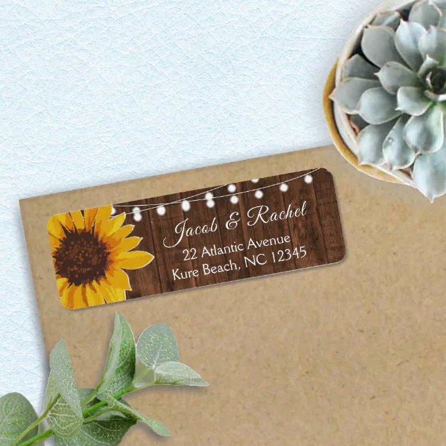 Rustic Sunflower String Lights Wedding Address Label | Zazzle