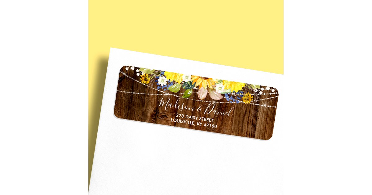 Rustic Sunflower String Lights Wedding Address Label | Zazzle