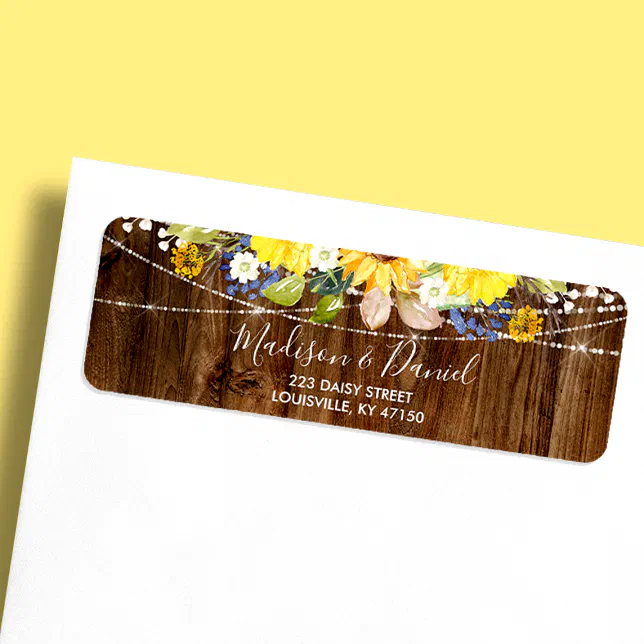 Rustic Sunflower String Lights Wedding Address Label | Zazzle