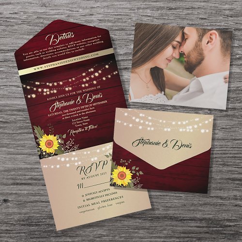 Rustic Sunflower String Lights Wedding All In One Invitation