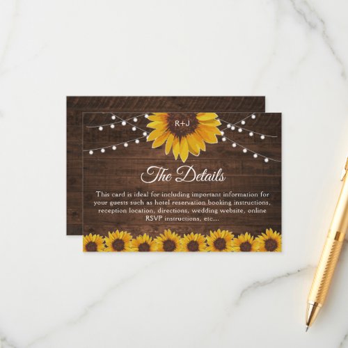Rustic Sunflower String Lights Wedding Details Enclosure Card