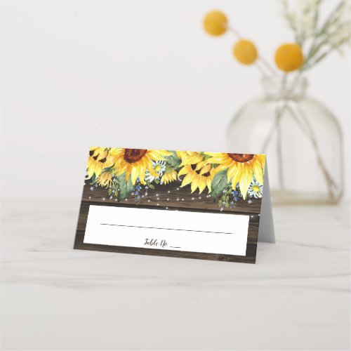 Rustic Sunflower String Lights Wedding Folded Place Card