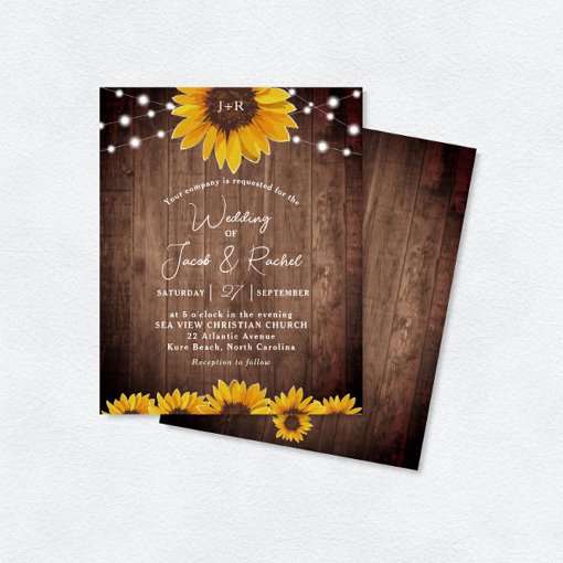 Rustic Sunflower String Lights Wedding Invitation Zazzle