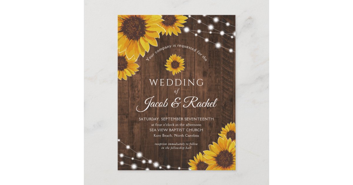 Rustic Sunflower String Lights Wedding Invitation Postcard