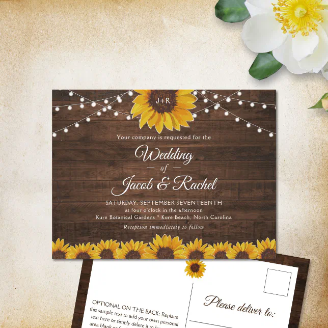 Rustic Sunflower String Lights Wedding Invitation Postcard Zazzle