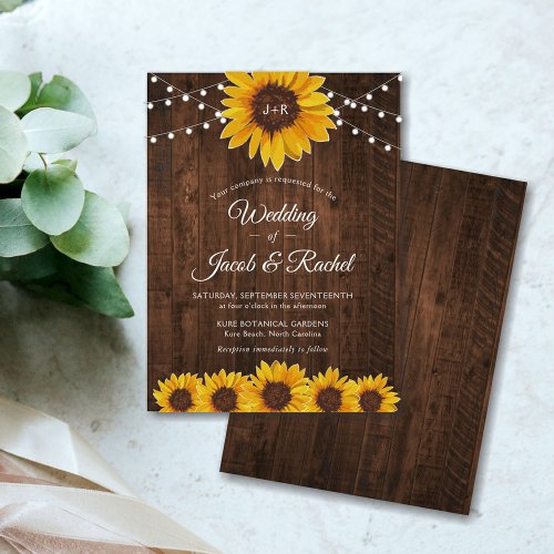 Rustic Sunflower String Lights Wedding Invitation Postcard