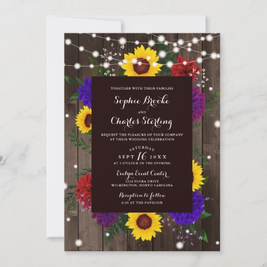 Rustic Sunflower And String Lights Wedding Invite