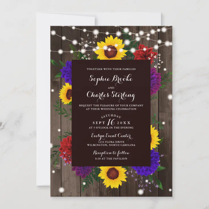 Rustic Sunflower And String Lights Wedding Invite Zazzle