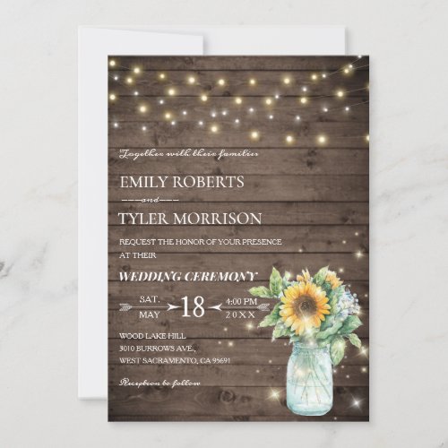 Rustic Sunflower String Lights Wedding Invite 