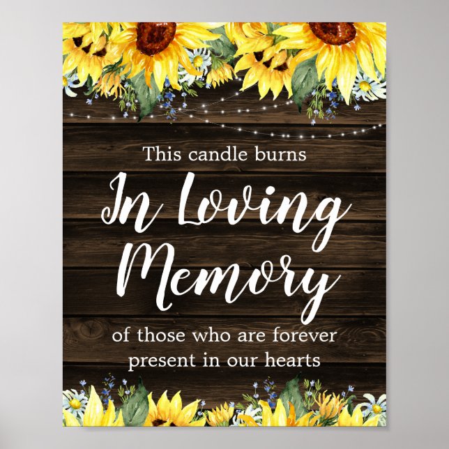 Rustic Sunflower String Lights Wedding Memorial Poster (Front)