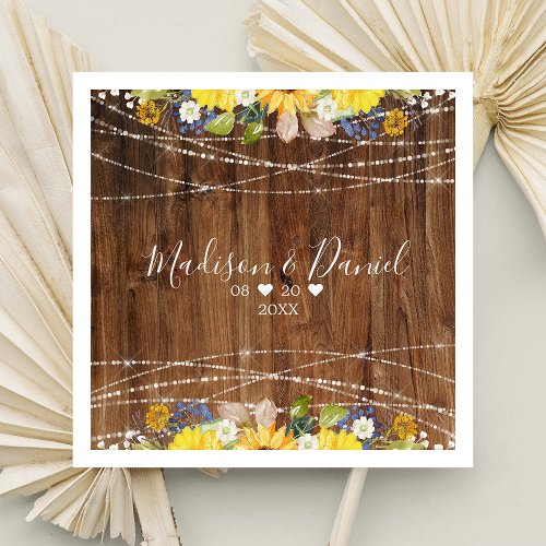 Rustic Sunflower String Lights Wedding Napkins