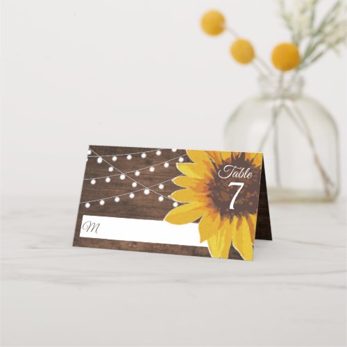 Rustic Sunflower String Lights Wedding Place Card