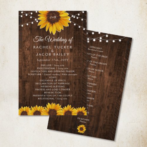 Rustic Sunflower String Lights Wedding Program