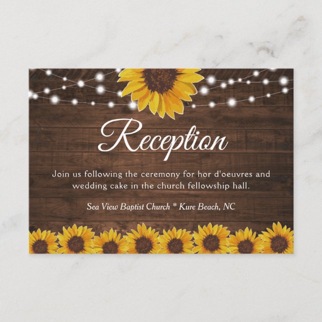 Rustic Sunflower String Lights Wedding Reception Enclosure Card (Front)