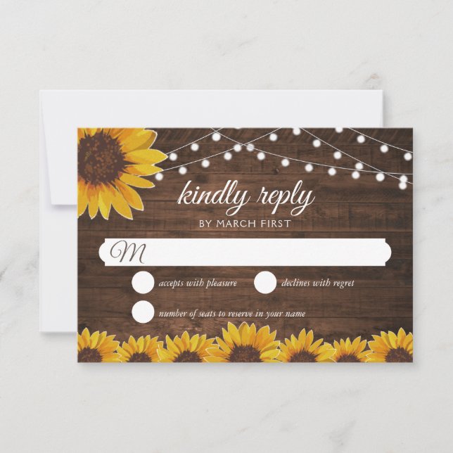 Rustic Sunflower String Lights Wedding Reply RSVP Card (Front)
