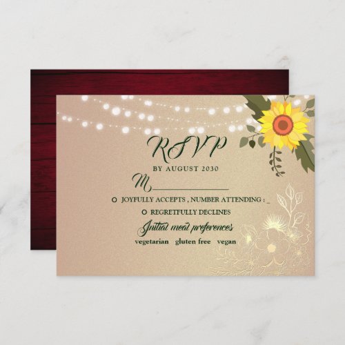Rustic Sunflower String Lights Wedding RSVP Card