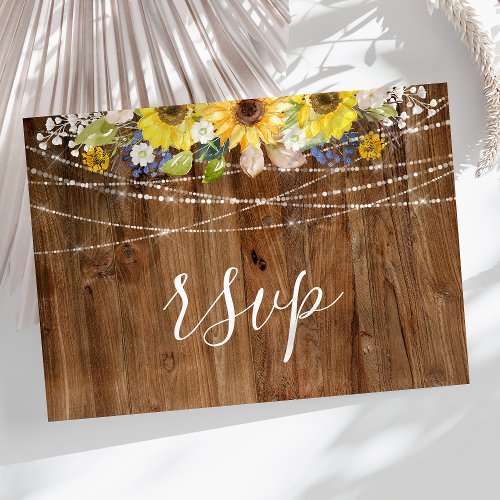 Rustic Sunflower String Lights Wedding Rsvp Postcard