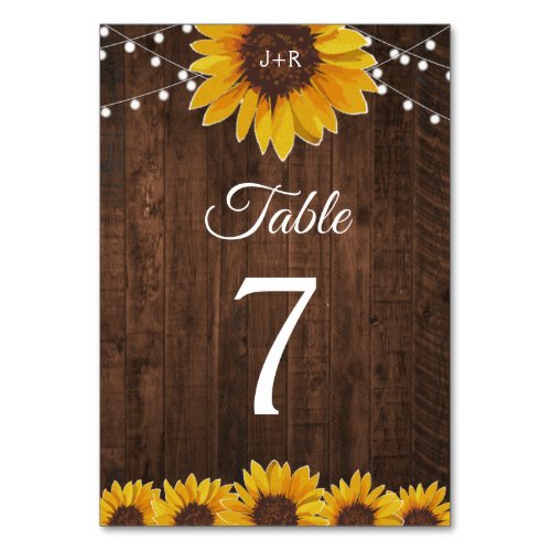 Rustic Sunflower String Lights Wedding Table Number