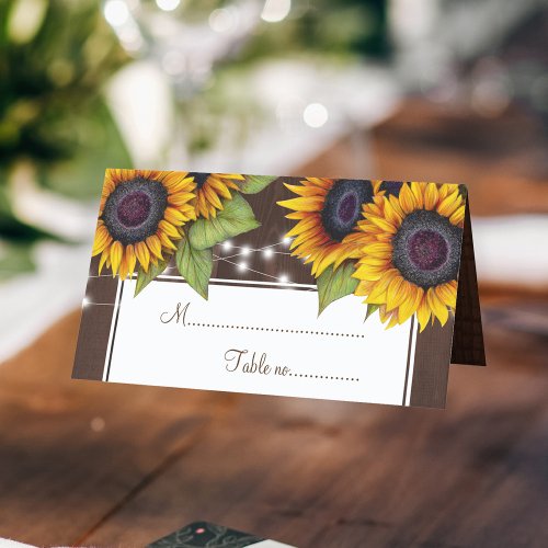 Rustic sunflower string lights wedding table place place card
