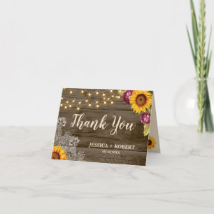 Rustic Sunflower String Lights Wedding Thank You C Card