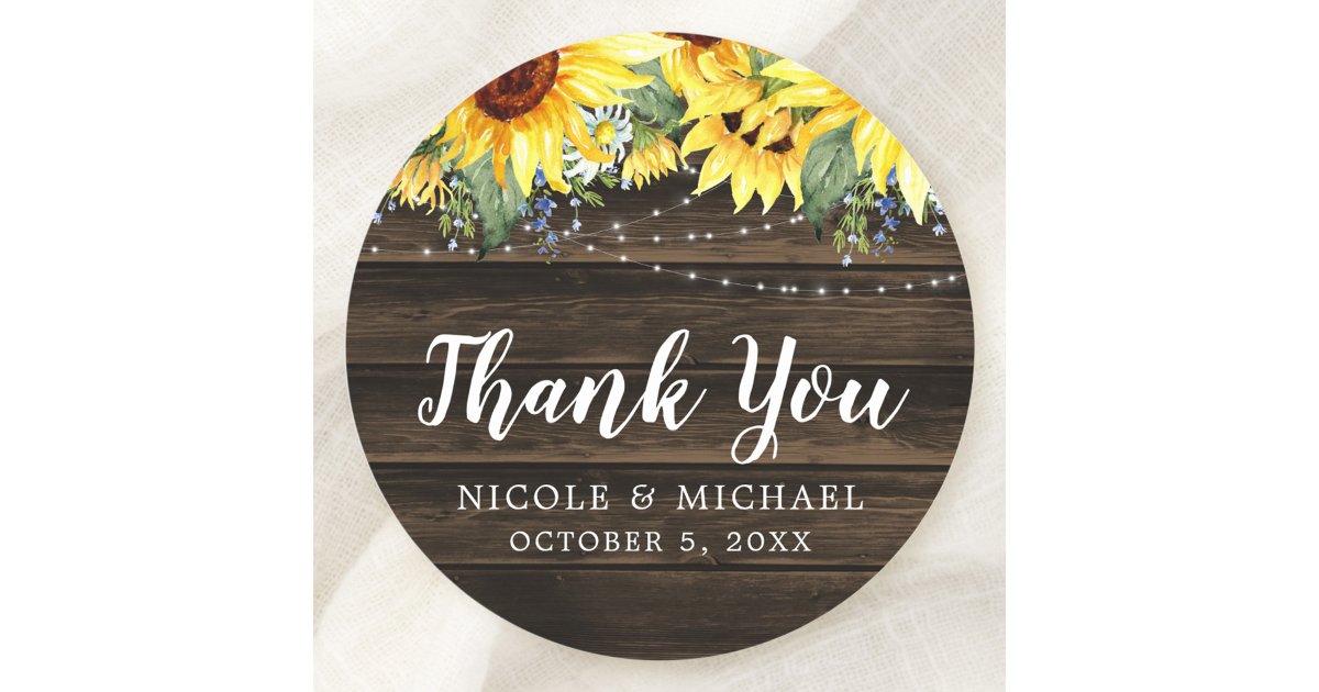 Rustic Sunflower String Lights Wedding Thank You Classic Round Sticker ...
