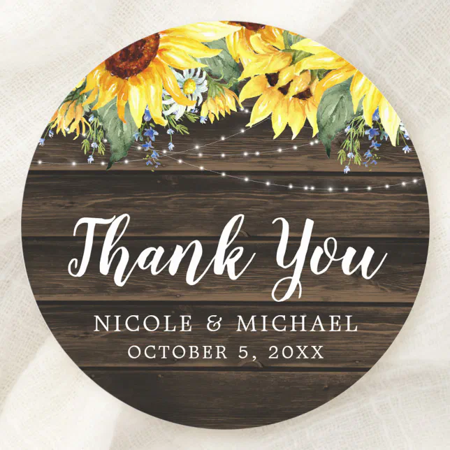 Rustic Sunflower String Lights Wedding Thank You Classic Round Sticker ...