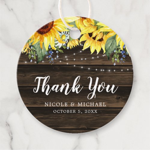 Rustic Sunflower String Lights Wedding Thank You Favor Tags