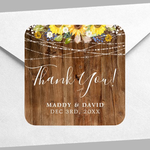 Rustic Sunflower String Lights Wedding Thank You Square Sticker