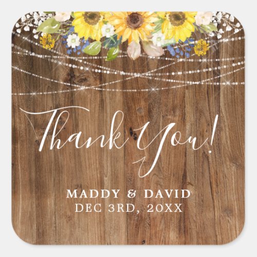 Rustic Sunflower String Lights Wedding Thank You Square Sticker