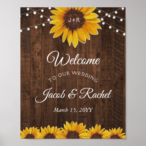 Rustic Sunflower String Lights Welcome Wedding Poster