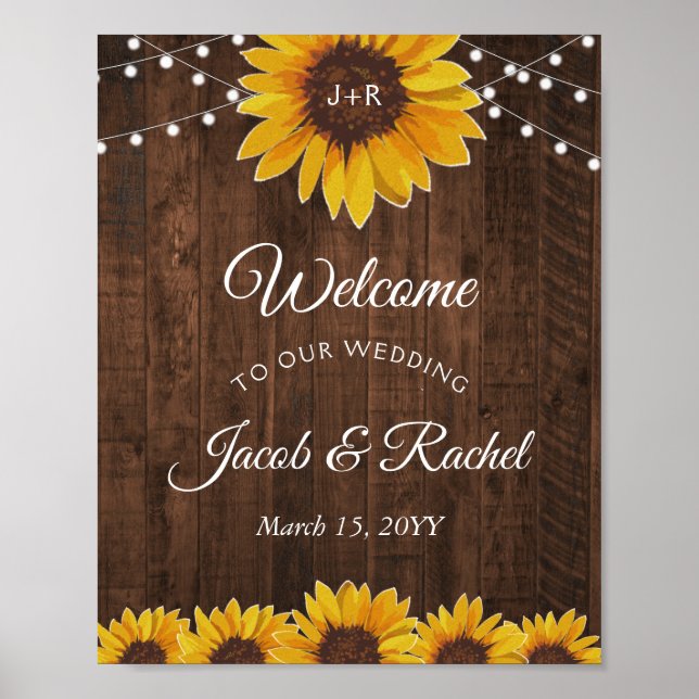 Rustic Sunflower String Lights Welcome Wedding Poster (Front)