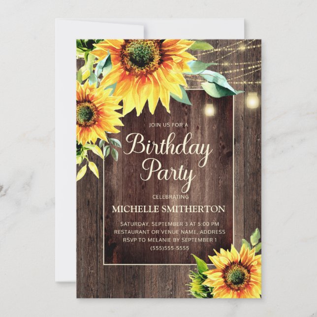 Rustic Sunflower String Lights Women's Birthday Invitation (Front)