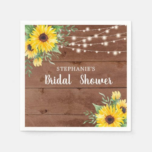Rustic Sunflower String Lights Wood Bridal Shower Napkins