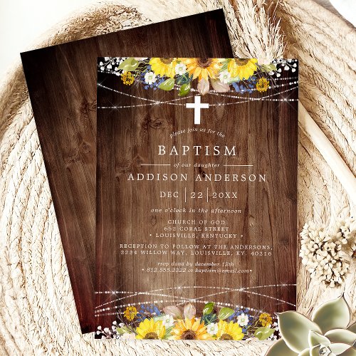 Rustic Sunflower String Lights Wood Cross Baptism Invitation