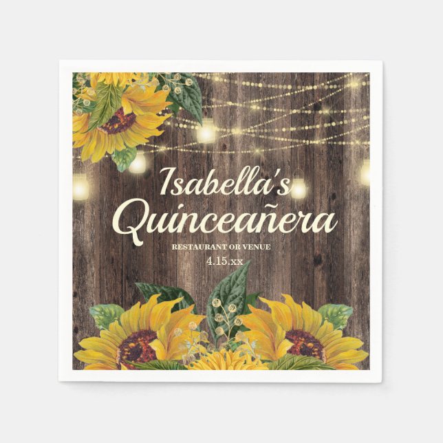 Rustic Sunflower String Lights Wood Quinceañera Napkins (Front)