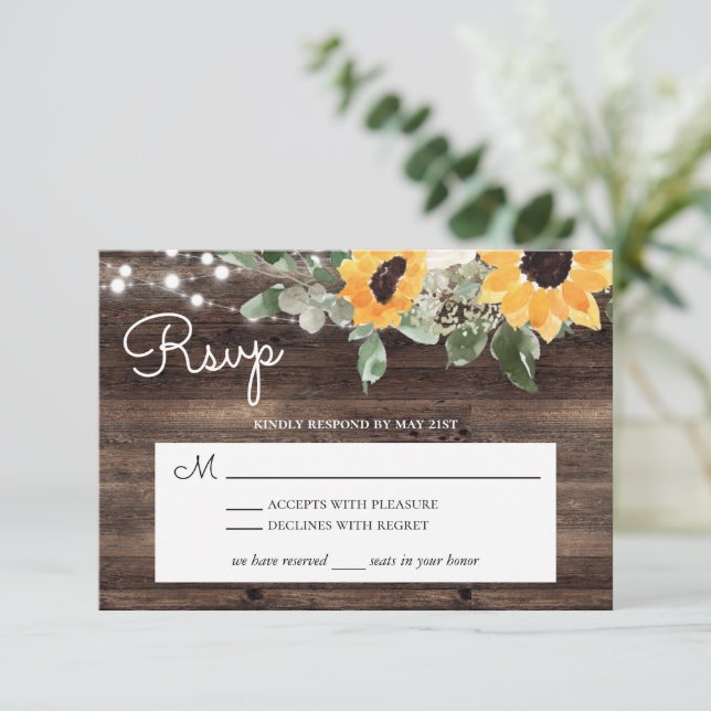 Rustic Sunflower String Lights Wood RSVP Card (Standing Front)