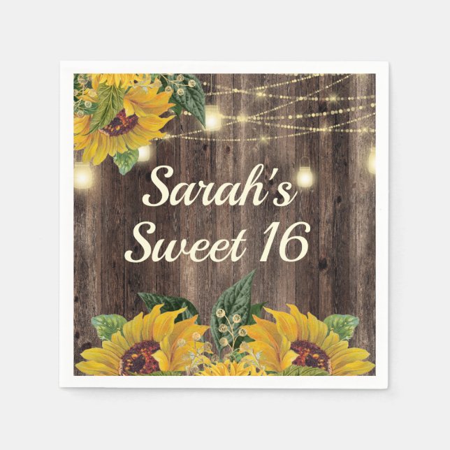 Rustic Sunflower String Lights Wood Sweet 16 Napkins (Front)