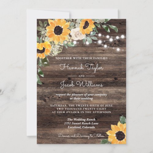 Rustic Sunflower String Lights Wood Wedding Invitation