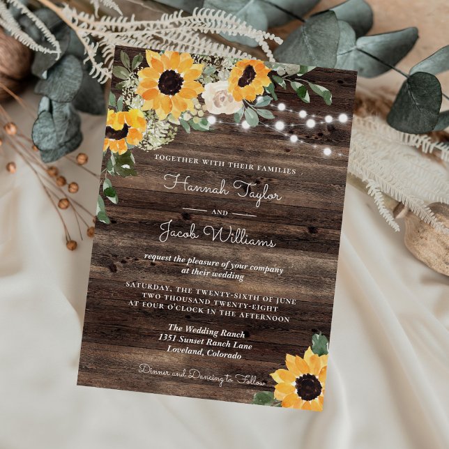 Rustic Sunflower String Lights Wood Wedding Invitation (Creator Uploaded)