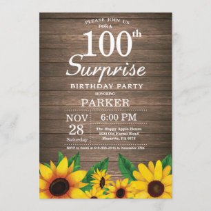 Rustic Sunflower Surprise 100th Birthday Invitation