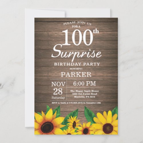 Rustic Sunflower Surprise 100th Birthday Invitation