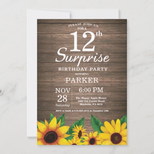 Rustic Sunflower Surprise 12th Birthday Invitation