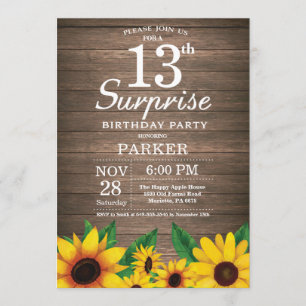 Rustic Sunflower Surprise 13th Birthday Invitation