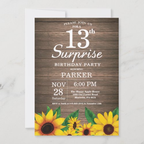 Rustic Sunflower Surprise 13th Birthday Invitation
