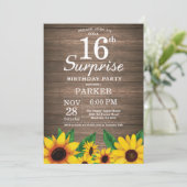 Rustic Sunflower Surprise 16th Birthday Invitation (Standing Front)