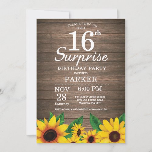 Rustic Sunflower Surprise 16th Birthday Invitation