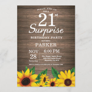 Rustic Sunflower Surprise 21st Birthday Invitation