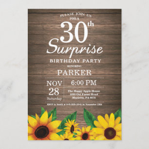 Rustic Sunflower Surprise 30th Birthday Invitation